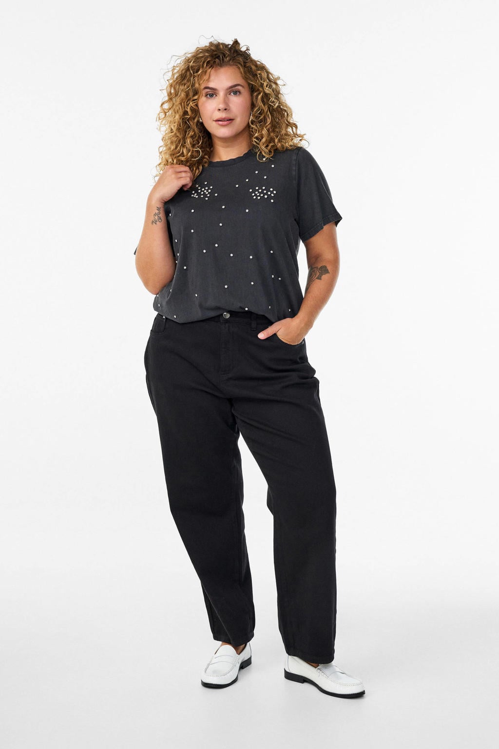 Antraciete dames Zizzi T-shirt van katoen met effen, korte mouwen, ronde hals en strass steentjes