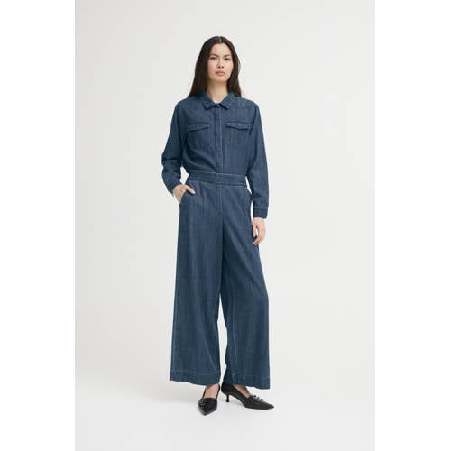 ICHI denim wide leg regular waist casual broek dark blue denim afbeelding