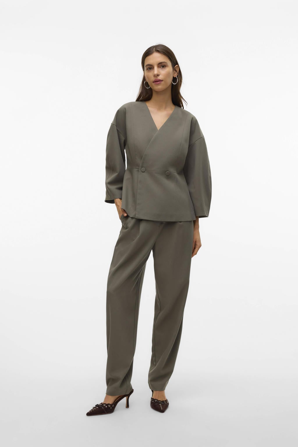 Groene dames AWARE van polyester met effen, lange mouwen, V-hals en knoopsluiting