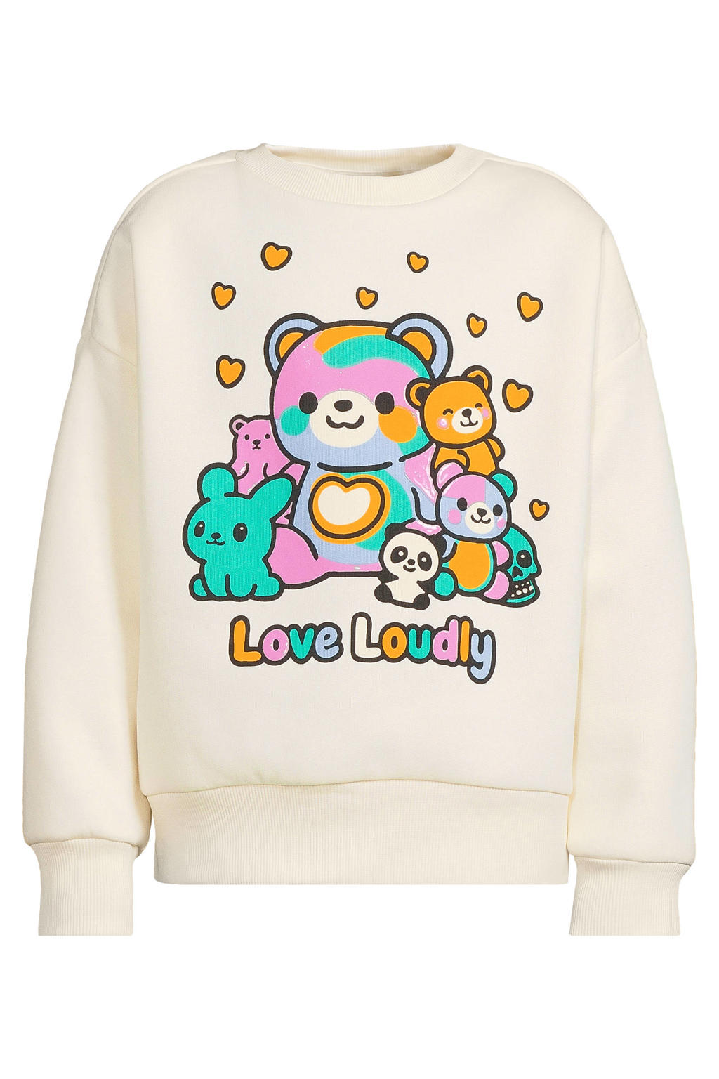Crème meisjes Coolcat oversized fleece sweater Rosa met printopdruk, lange mouwen en ronde hals