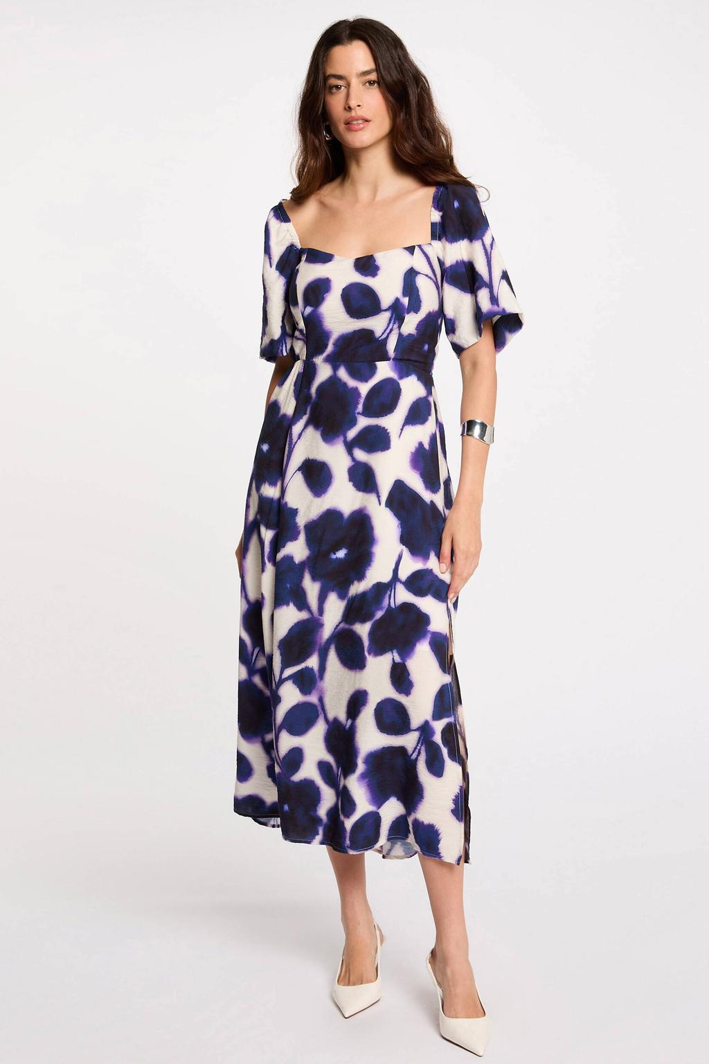 Ecru en paarse dames Morgan midi jurk van viscose met korte mouwen, vierkante hals en elastische inzet