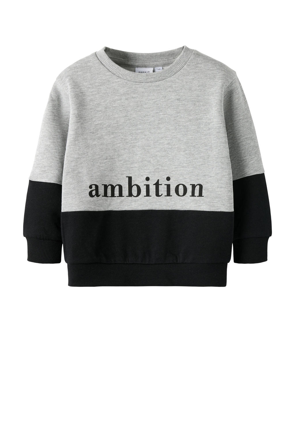 Grijs melange jongens NAME IT MINI sweater melange met meerkleurige print, lange mouwen en ronde hals