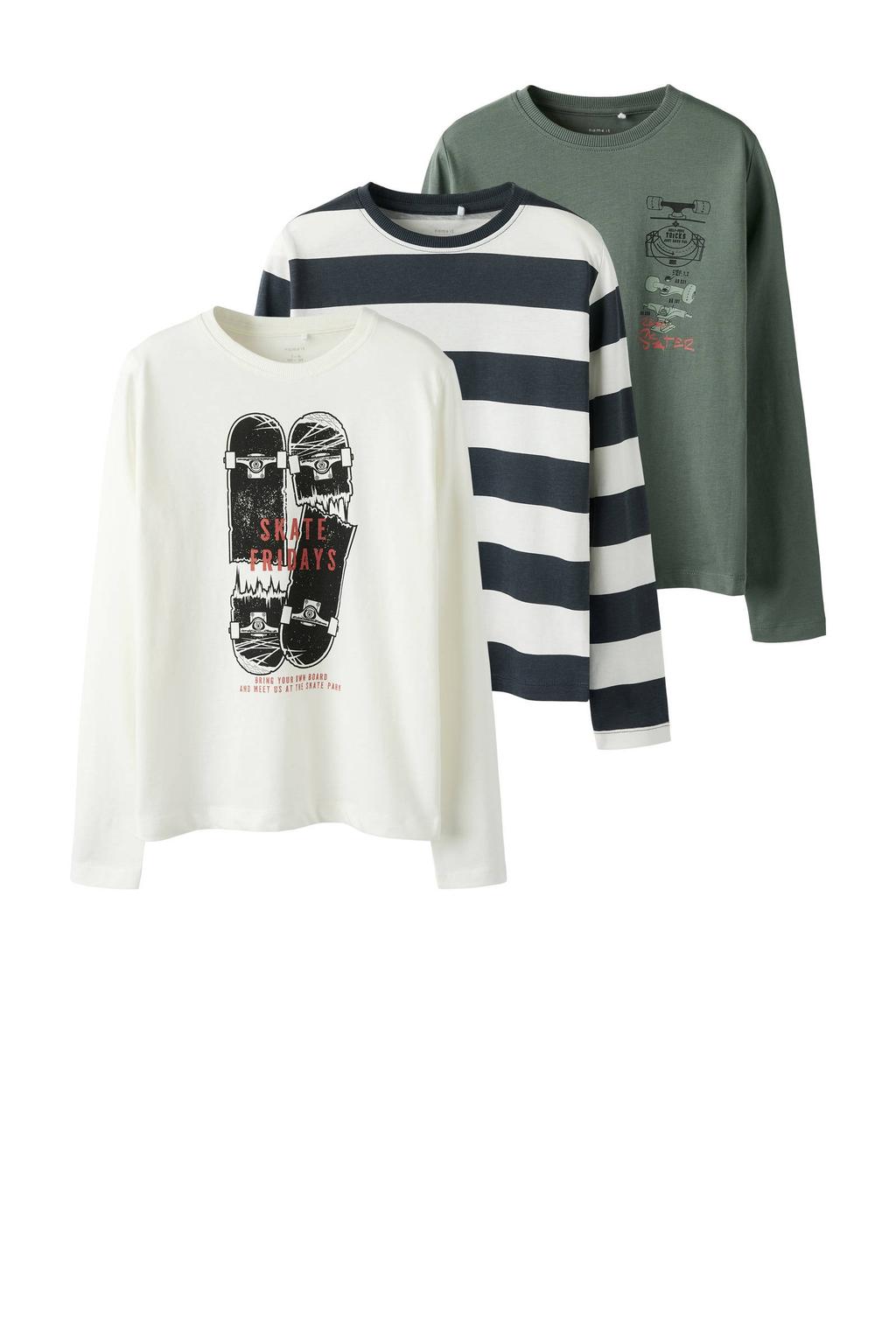 Set van 3 donkerblauw en donkergroene jongens NAME IT KIDS longsleeve offwhite van katoen met backprint, lange mouwen en ronde hals