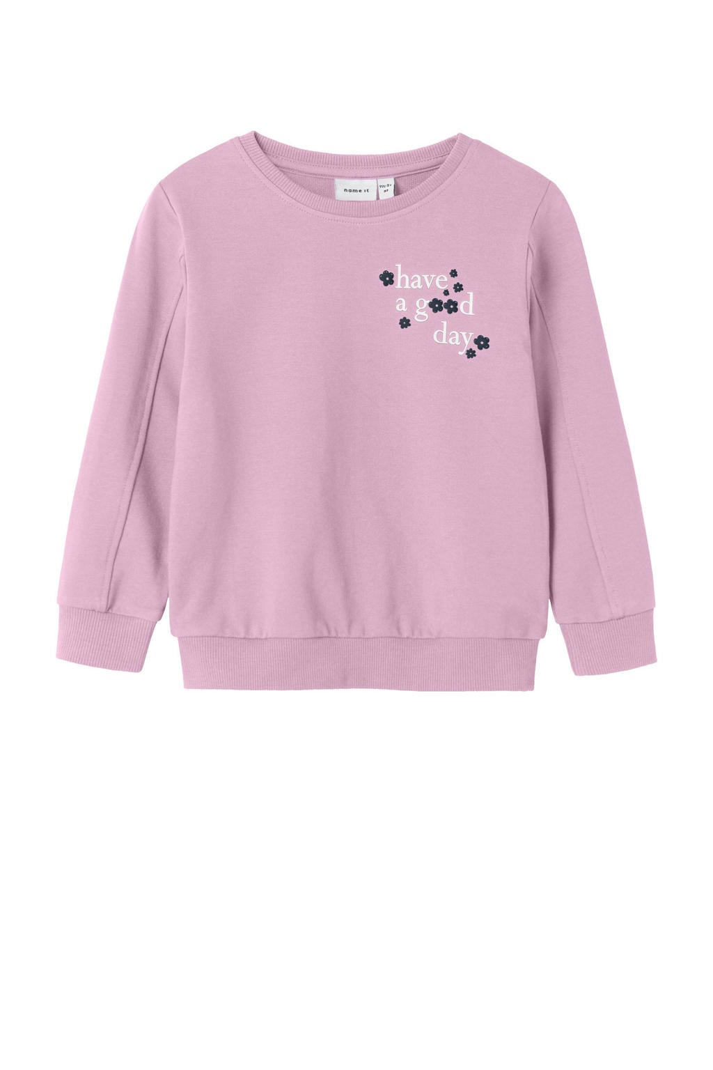 Lichtroze meisjes NAME IT MINI sweater met backprint, lange mouwen, ronde hals en geribde boorden