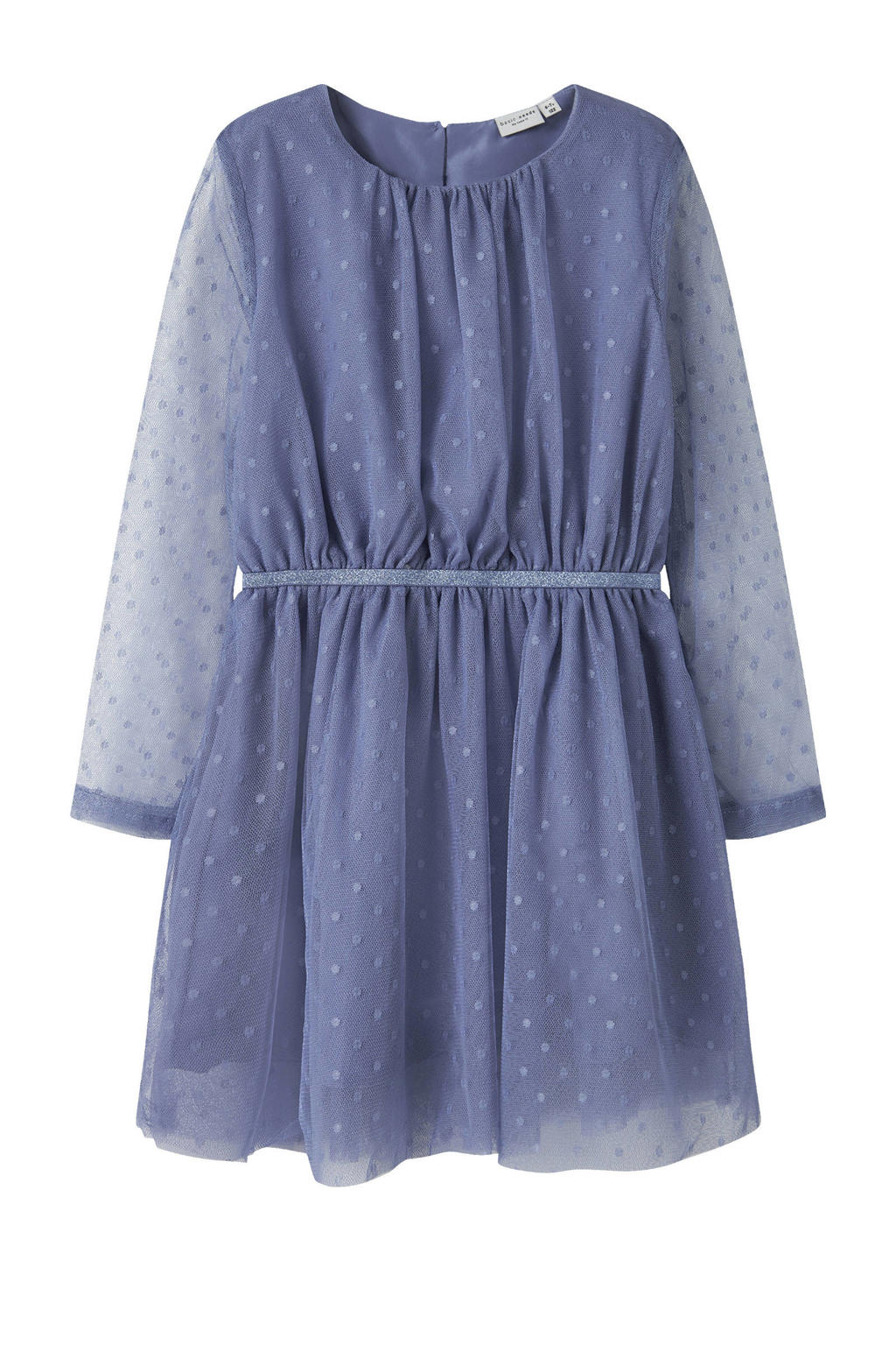Blauwe meisjes NAME IT KIDS korte jurk van polyester met effen, lange mouwen, ronde hals, knoopsluiting en semi-transparante details