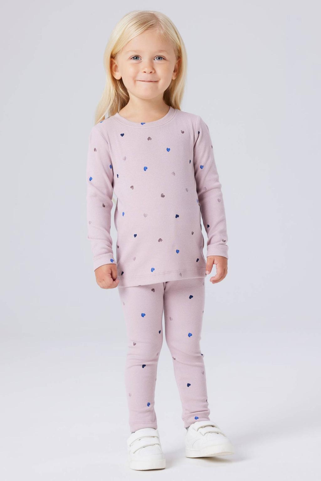 Lilakleurige meisjes NAME IT MINI longsleeve van stretchkatoen met hartjesprint, lange mouwen, ronde hals en gebreide details