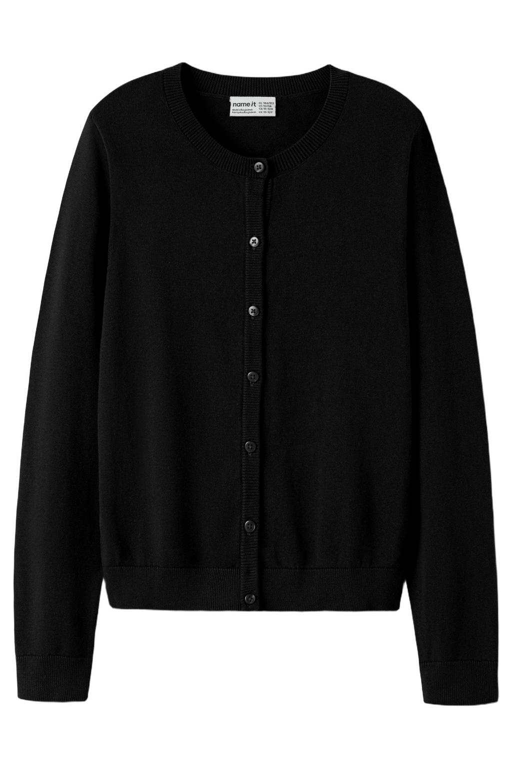 Zwarte meisjes NAME IT KIDS gebreid vest van katoen met effen, lange mouwen, V-hals en knoopsluiting