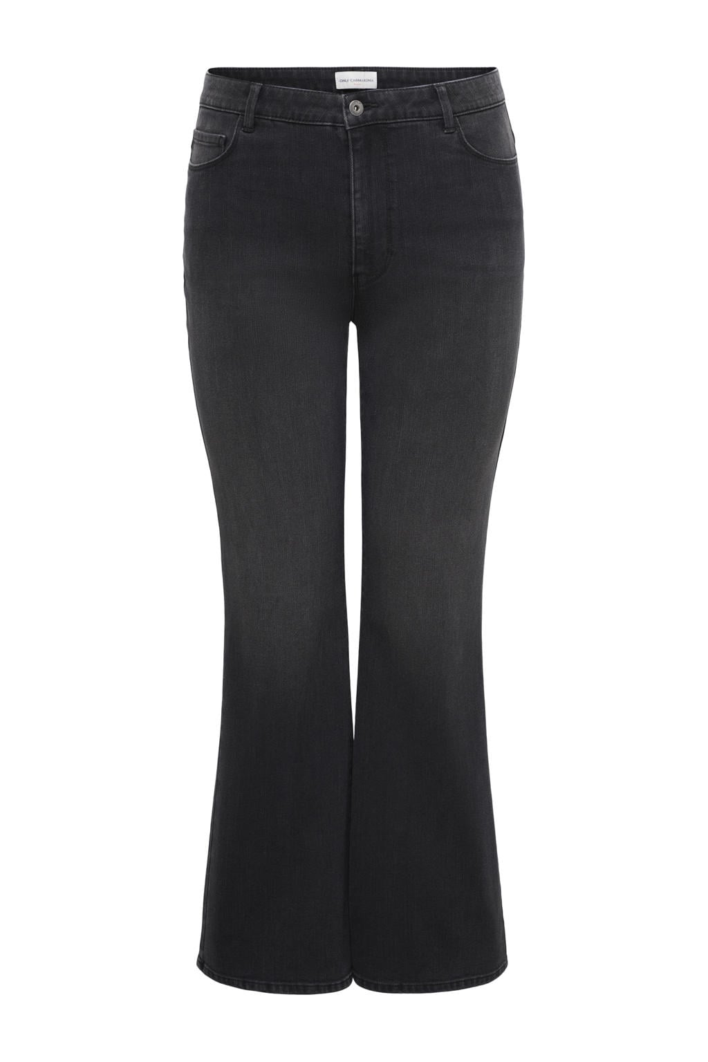 Zwarte dames ONLY CARMAKOMA flared jeans van denim met regular waist, rits- en knoopsluiting en effen