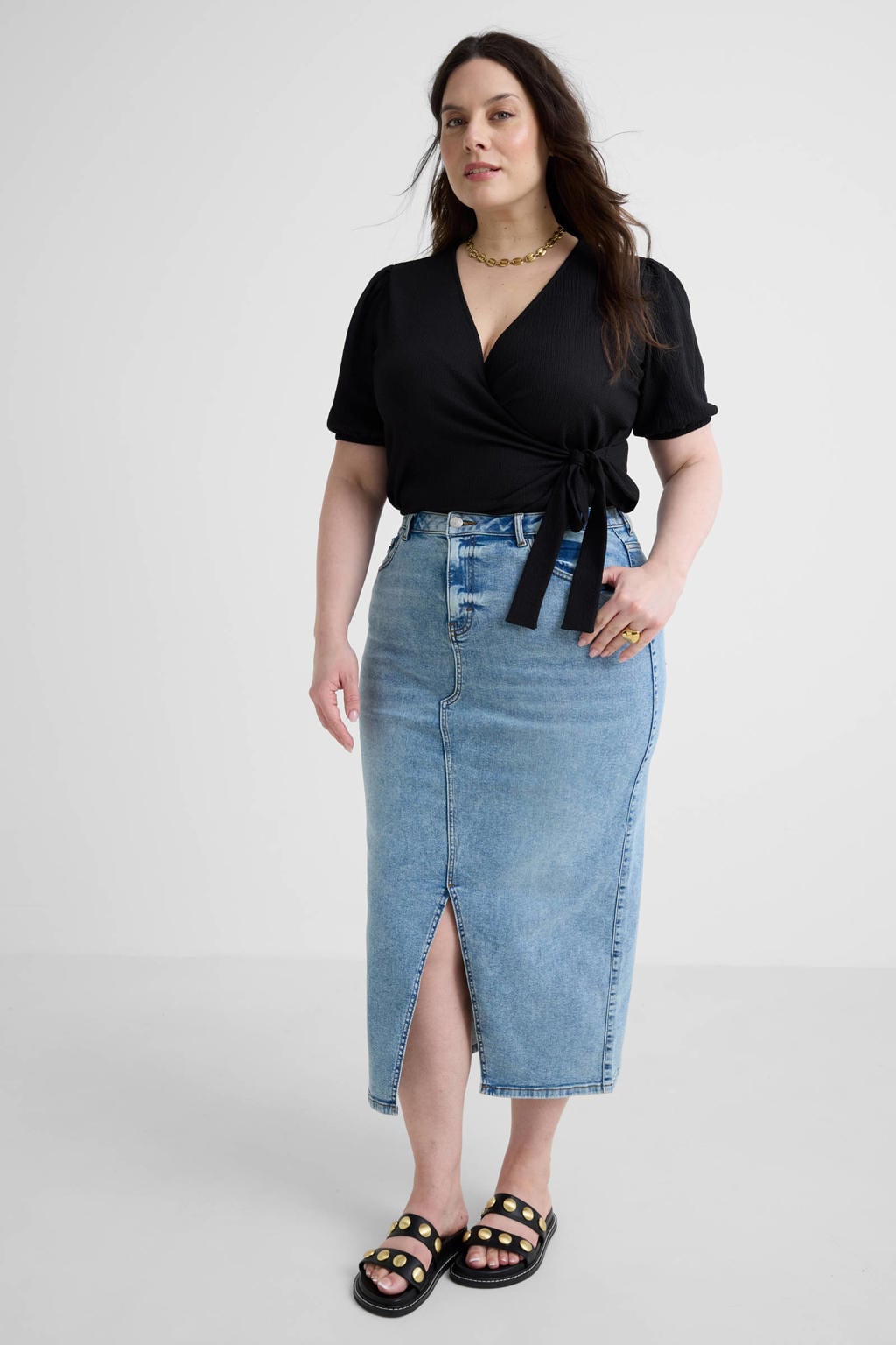 Light blue denim dames Anytime rok bleached gemaakt van stretchdenim en met rits- en knoopsluiting