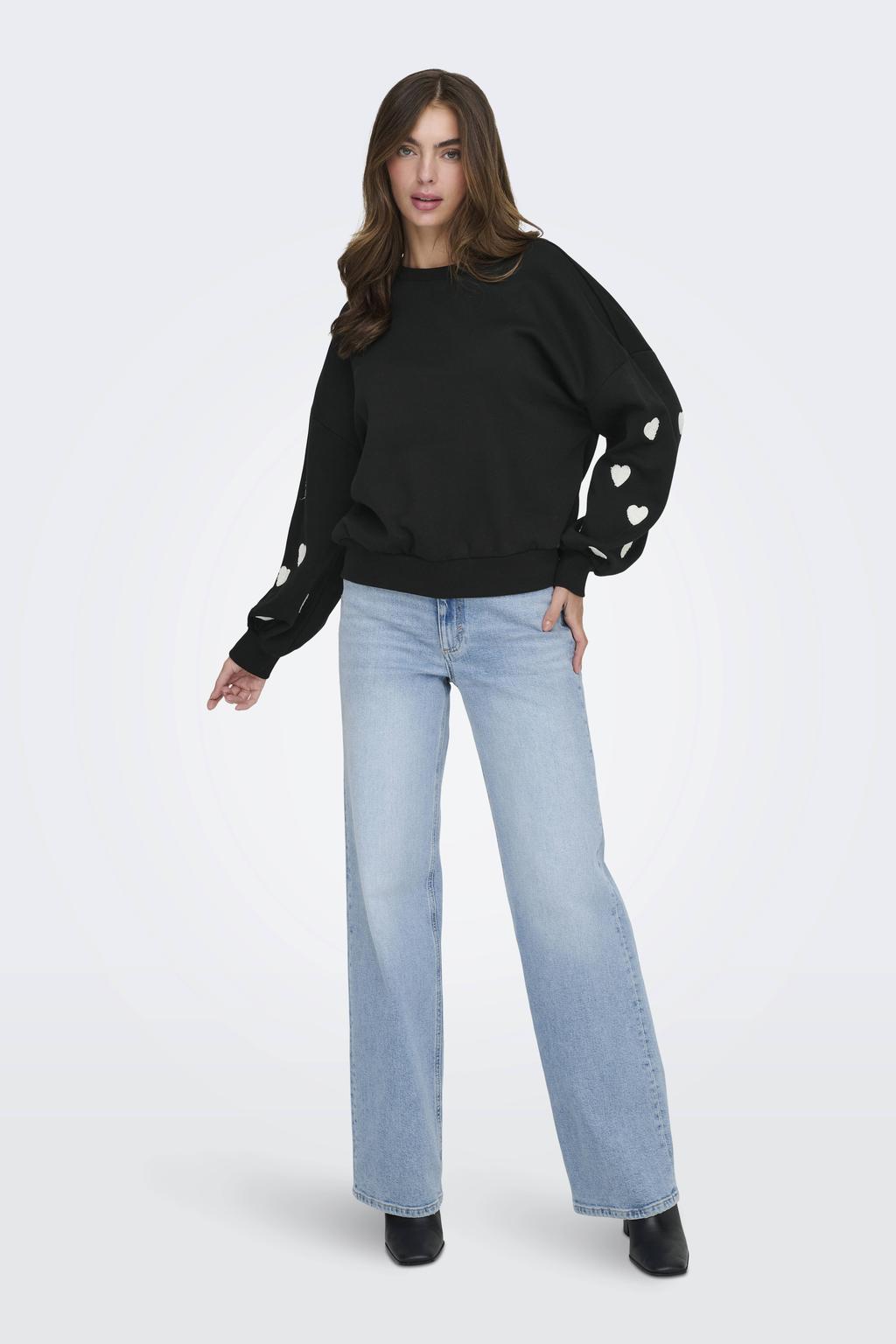 Zwart en witte dames ONLY sweater van katoen met hartjesprint, lange mouwen, ronde hals en borduursels