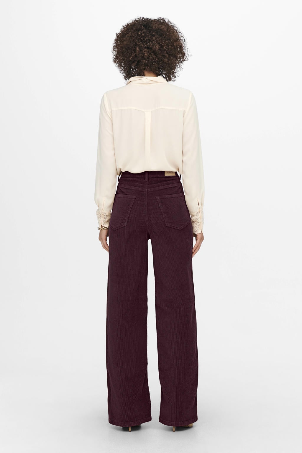 Donkerrode dames ONLY straight high waist casual broek rib gebreid van katoen met effen