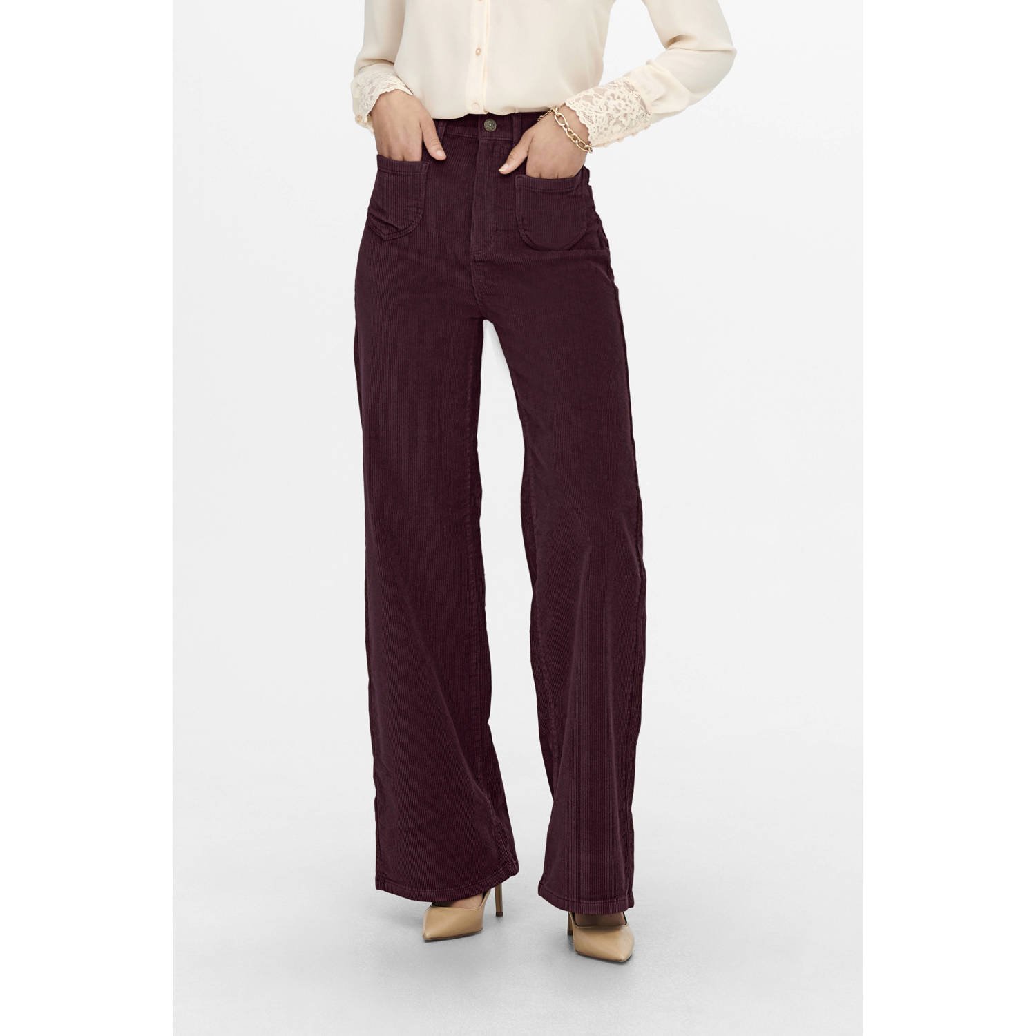 ONLY straight high waist casual broek rib gebreid donkerrood