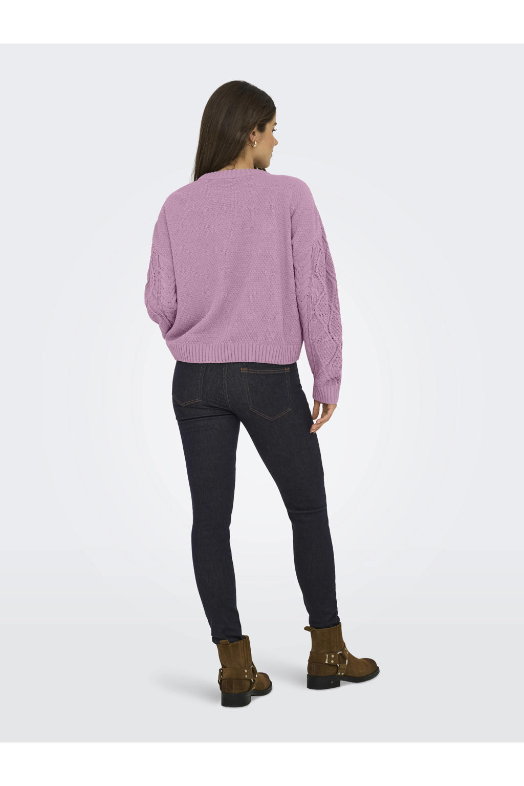 Roze dames ONLY gebreide trui van polyester met effen, lange mouwen en ronde hals