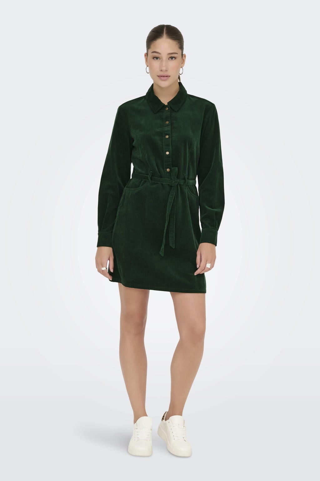 Donkergroene dames ONLY corduroy blousejurk met effen, lange mouwen, klassieke kraag, knoopsluiting en ceintuur