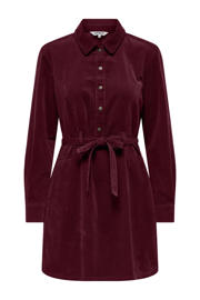 thumbnail: Donkerrode dames ONLY corduroy blousejurk met effen, lange mouwen, klassieke kraag, knoopsluiting en ceintuur
