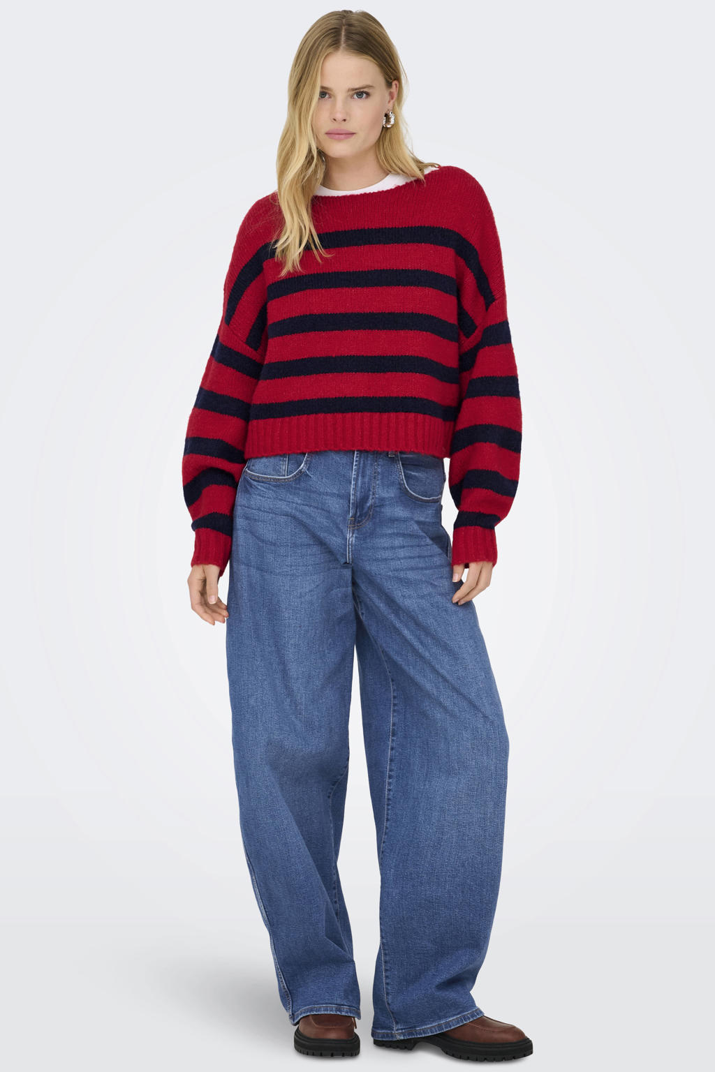 Rood en donkerblauwe dames ONLY pullover gebreid van polyester met strepenprint, lange mouwen en boothals
