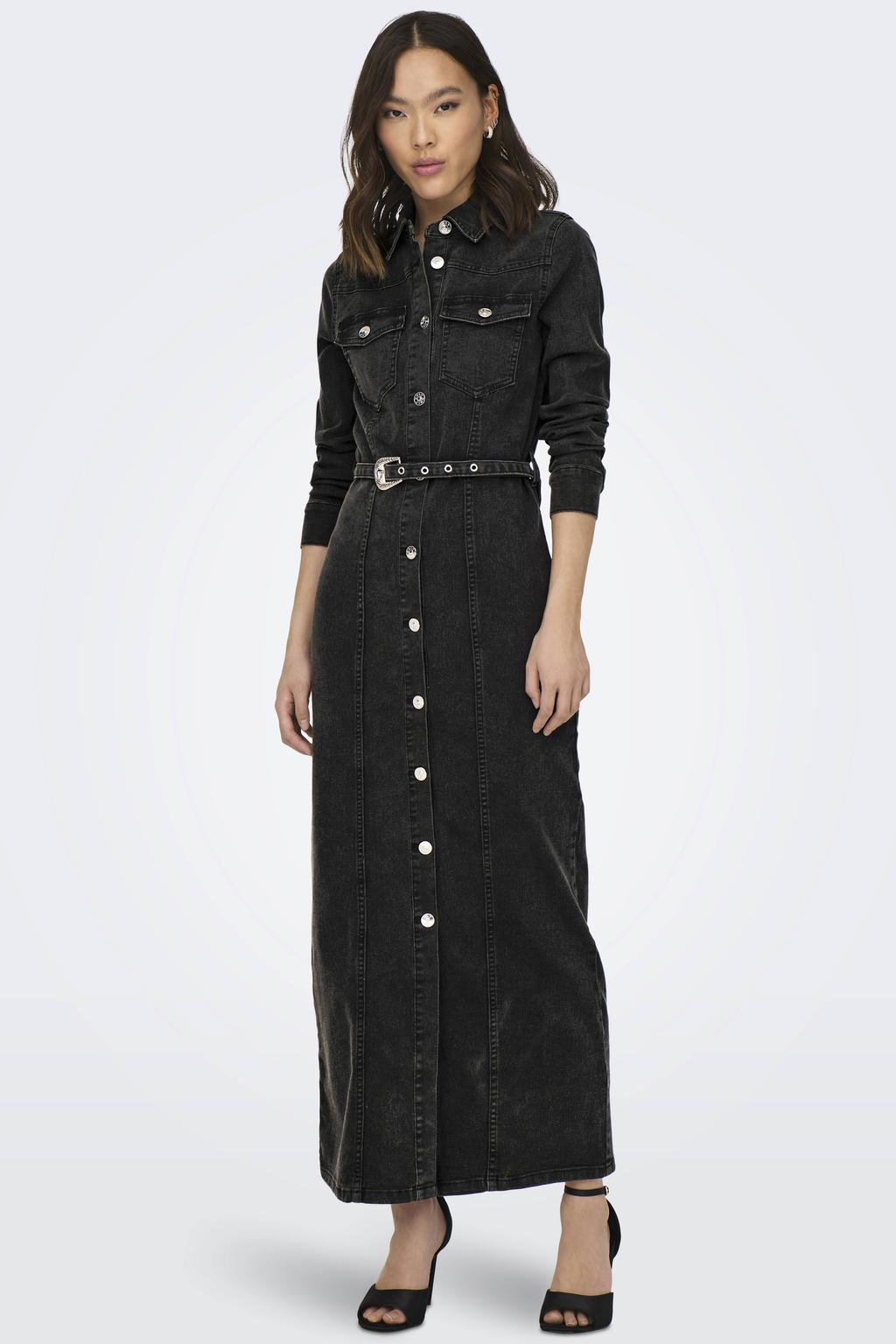 Black denim dames ONLY spijkerjurk black van stretchdenim met effen, lange mouwen en klassieke kraag