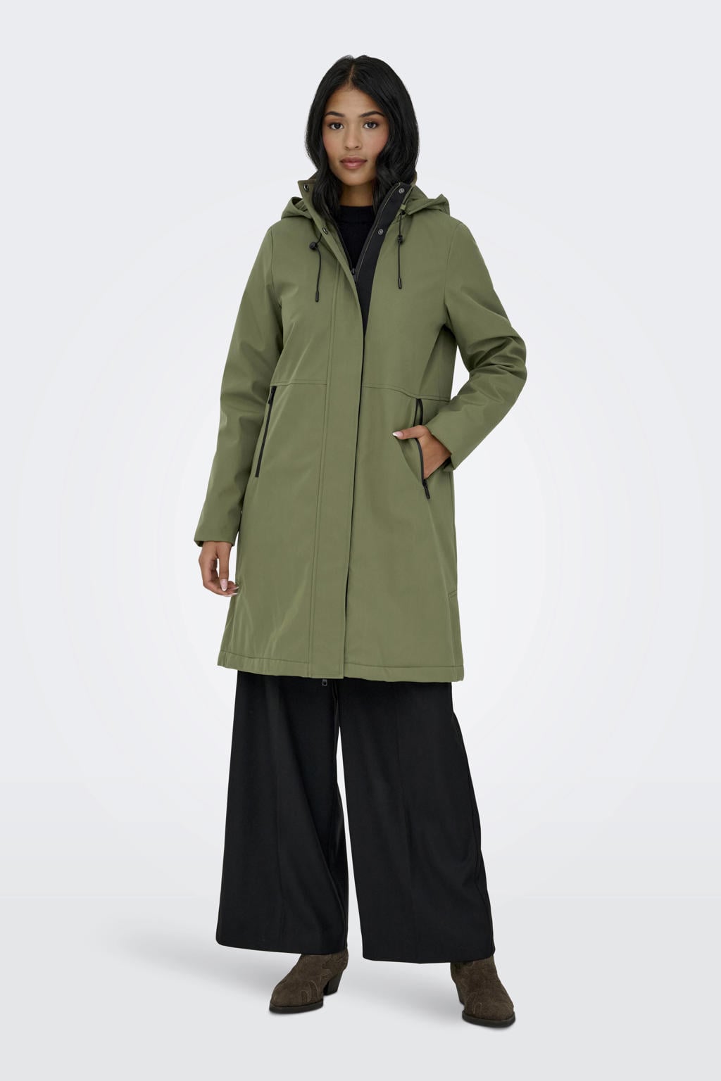 Groene dames ONLY parka van polyester met effen, lange mouwen, capuchon en blinde ritssluiting