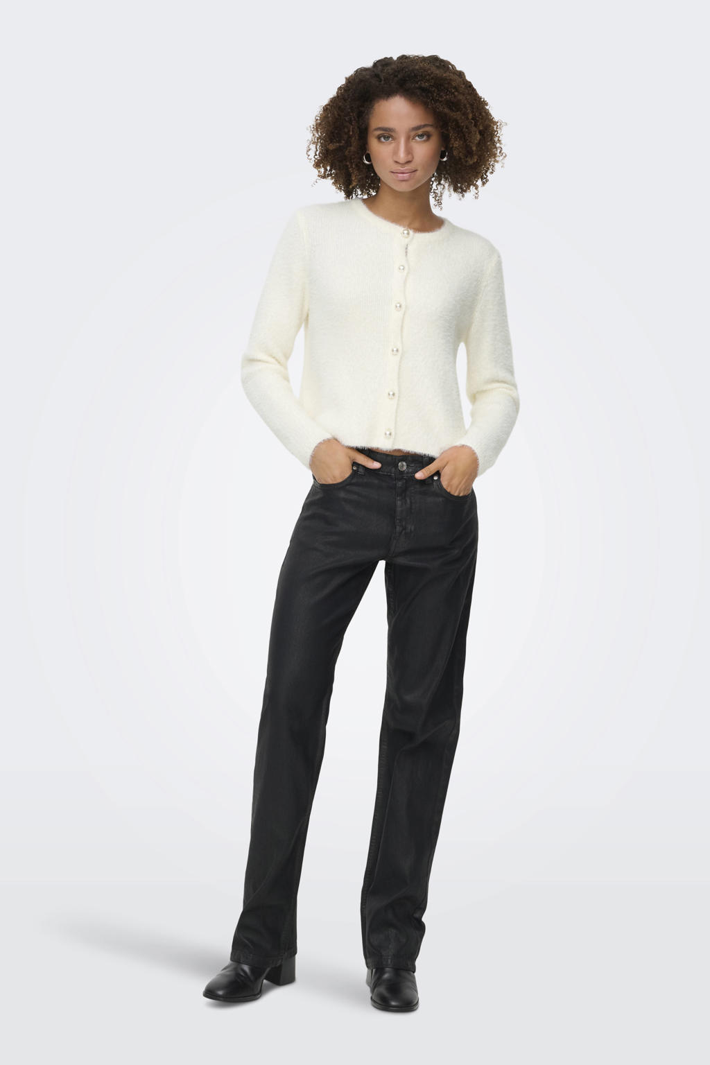 Ecru dames ONLY cardigan van acryl met effen, lange mouwen, ronde hals, knoopsluiting en parels