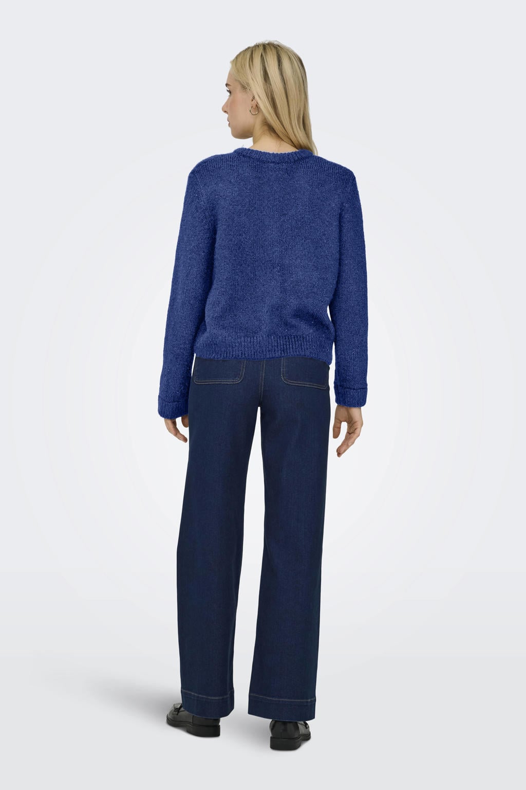 Blauwe dames ONLY gebreid vest van wol met effen, lange mouwen, ronde hals en knoopsluiting