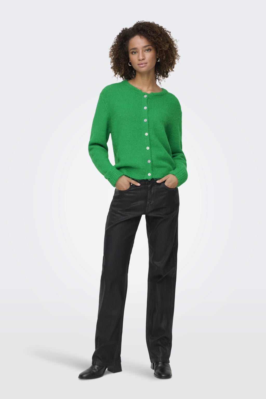 Groene dames ONLY gebreid vest van wol met effen, lange mouwen, ronde hals en knoopsluiting