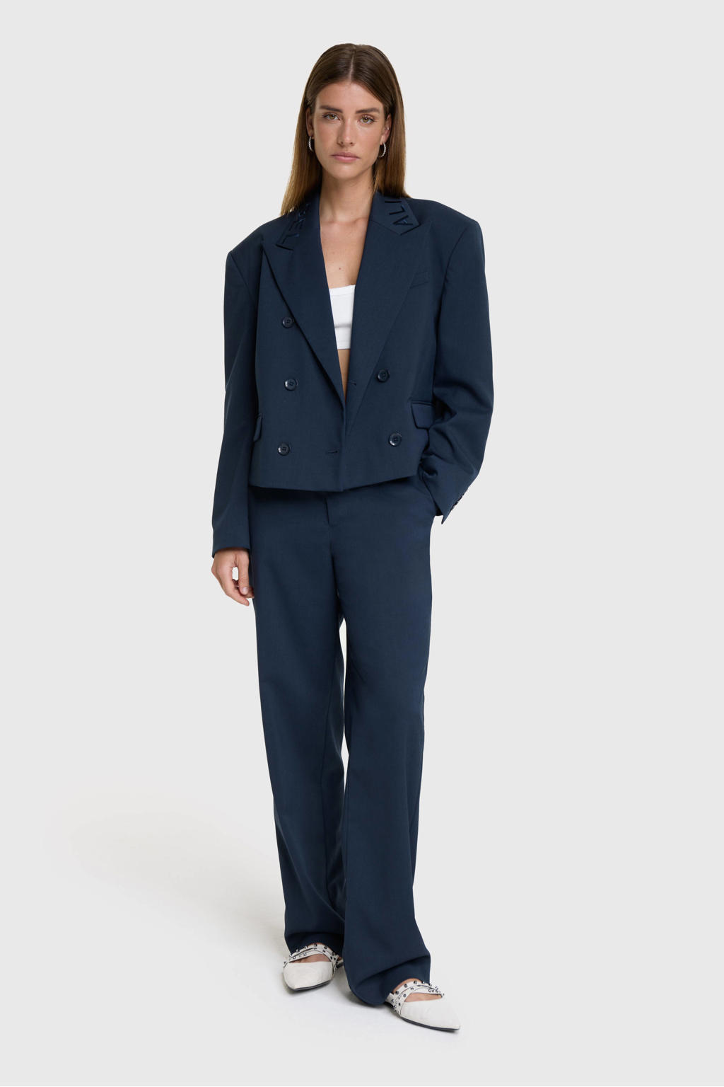Donkerblauwe dames Alix the Label cropped blazer met effen, lange mouwen, reverskraag en knoopsluiting
