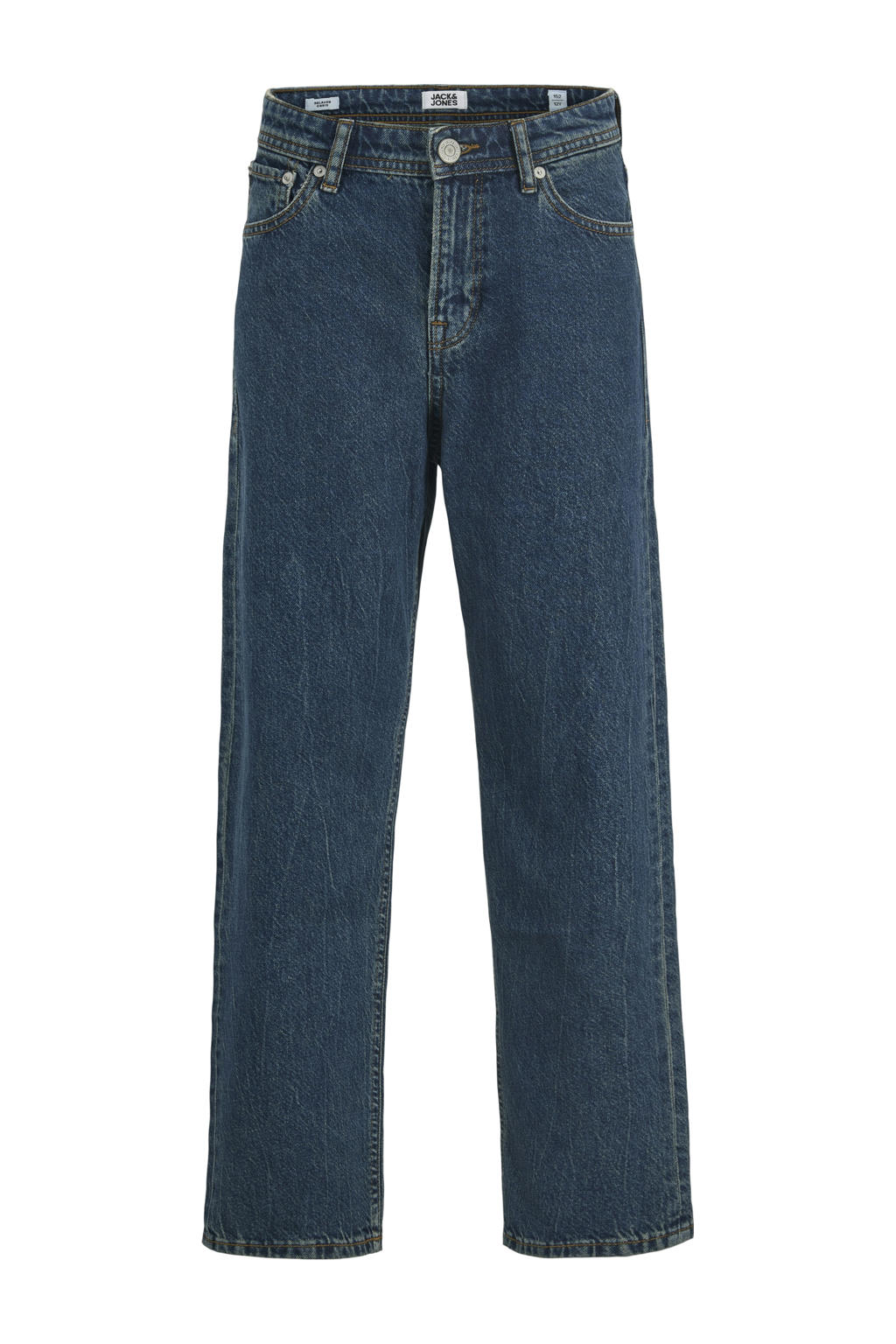Dark blue denim jongens JACK & JONES JUNIOR baggy high waist baggy jeans dark blue van stretchdenim met rits- en knoopsluiting en effen