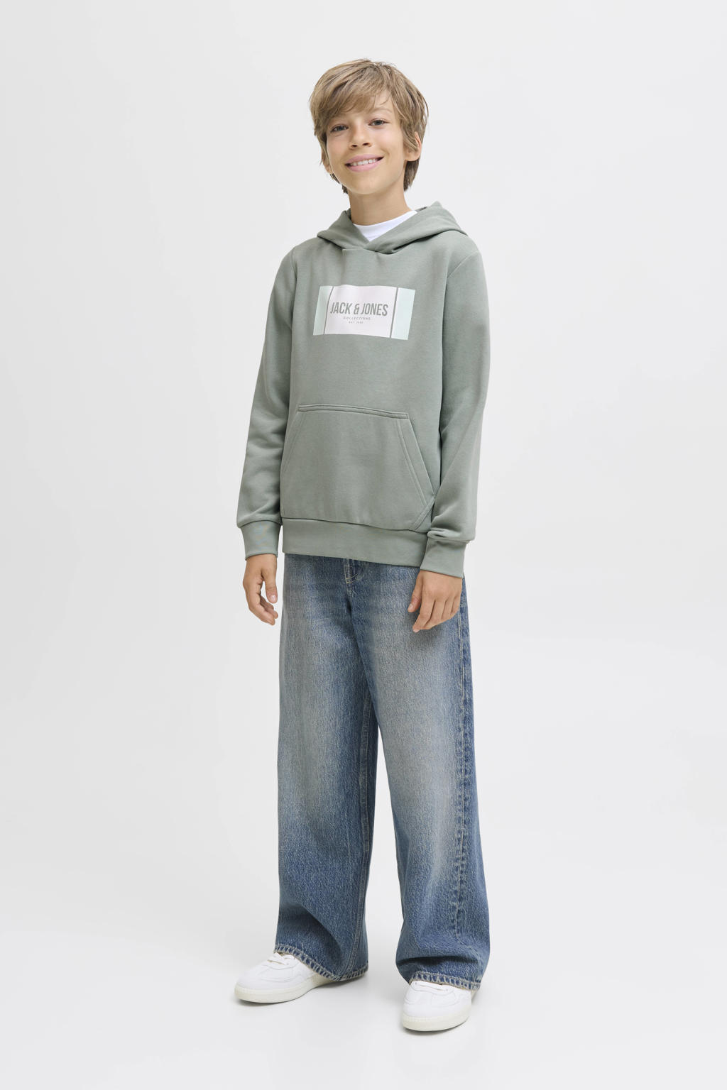 Lichtgroene jongens JACK & JONES JUNIOR hoodie van sweat materiaal met printopdruk, lange mouwen en capuchon