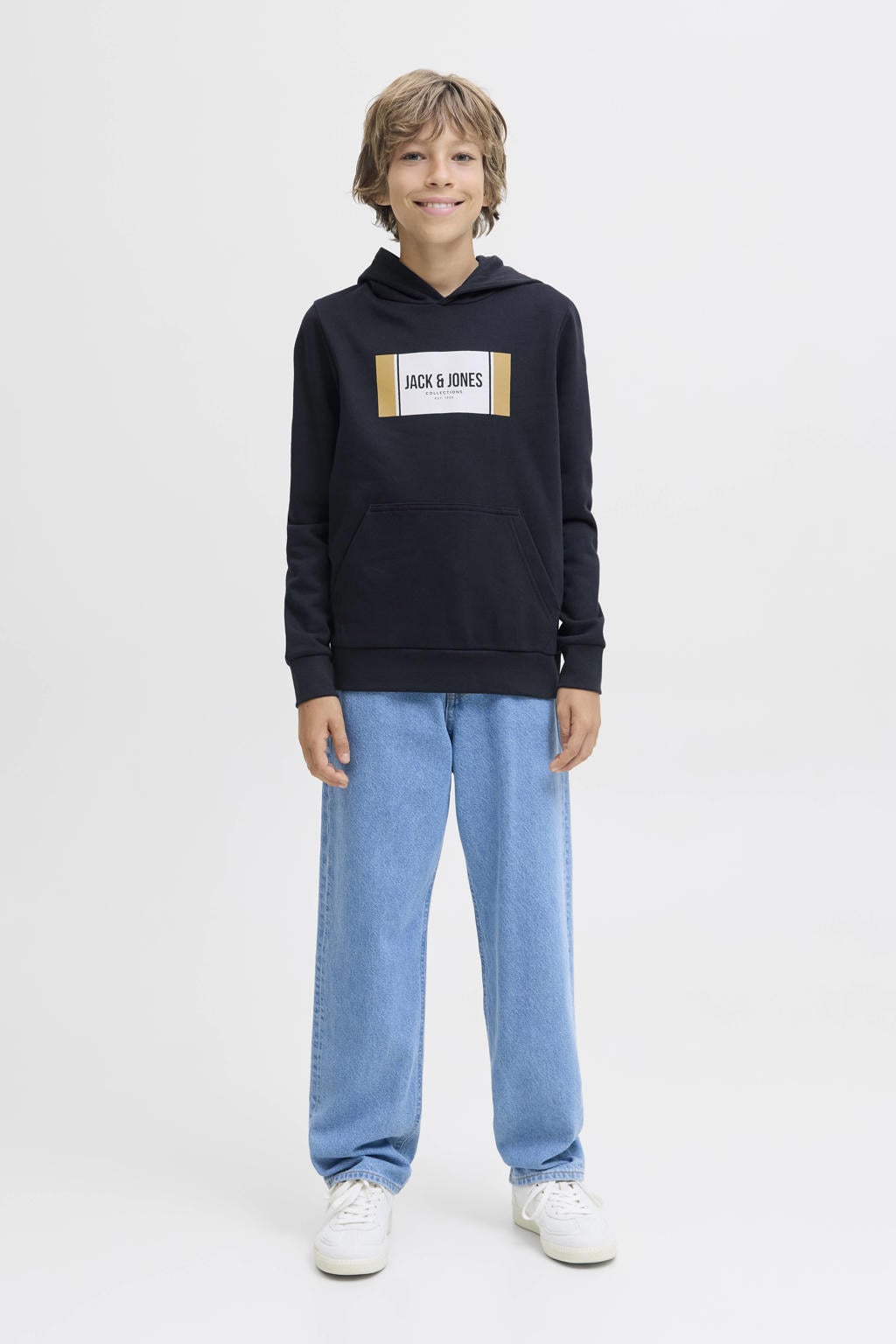 Donkerblauwe jongens JACK & JONES JUNIOR hoodie van sweat materiaal met printopdruk, lange mouwen en capuchon