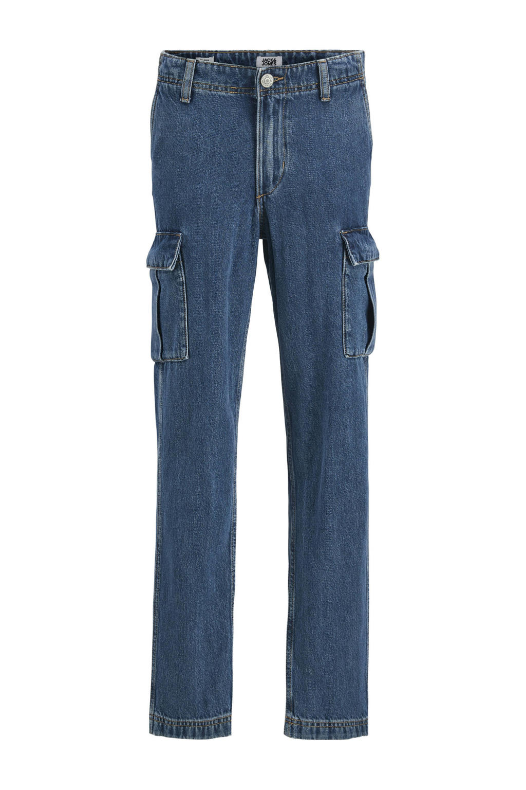Dark blue denim jongens JACK & JONES JUNIOR relaxed cargo jeans dark blue van stretchdenim met rits- en knoopsluiting en effen