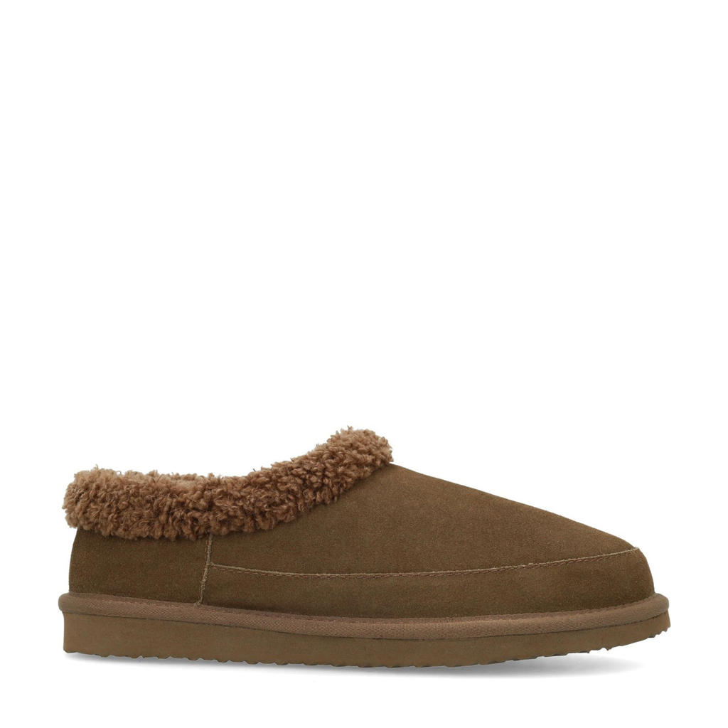 Taupe suède pantoffels met bontrand | Pantoffels