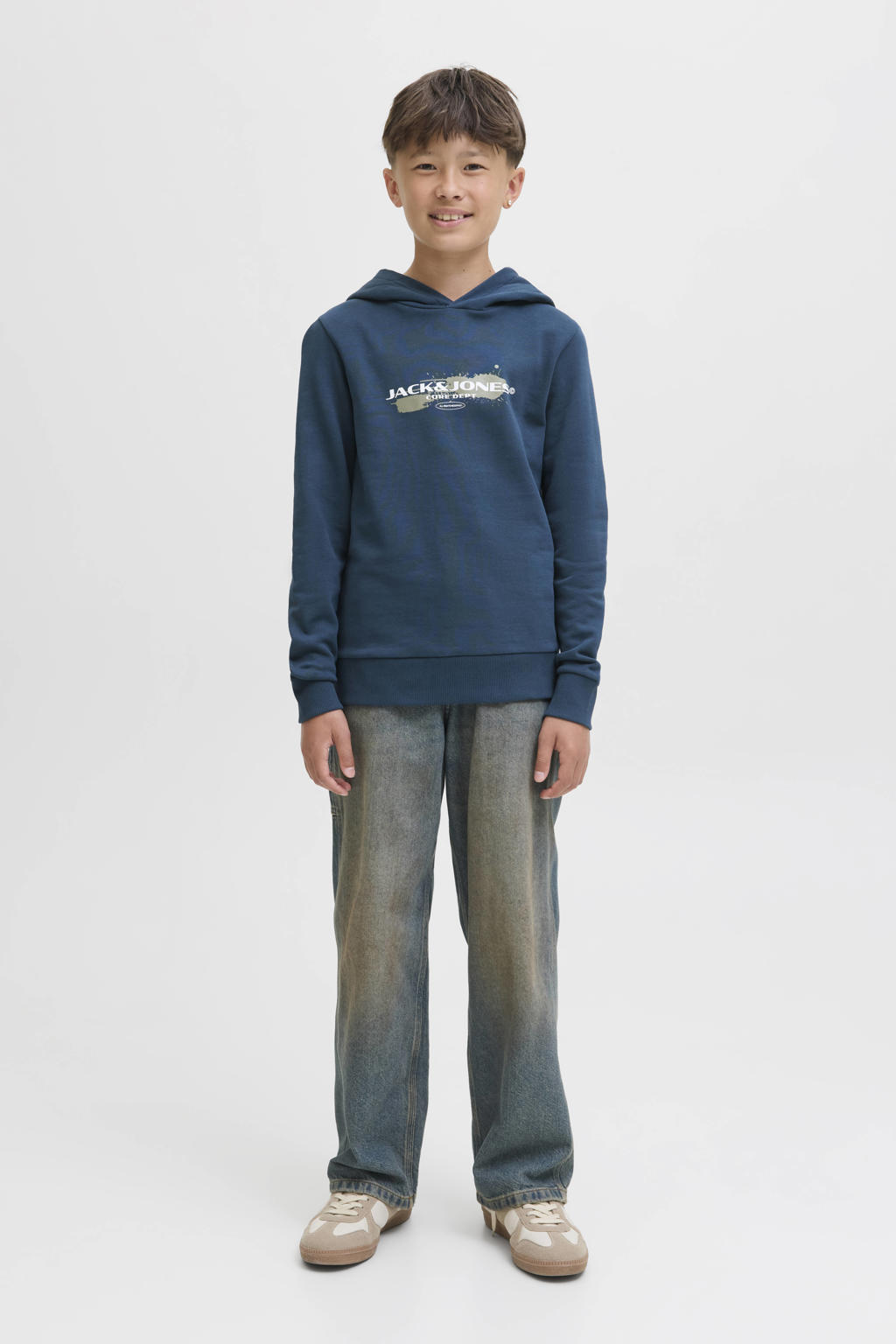 Blauwe jongens JACK & JONES JUNIOR hoodie van sweat materiaal met printopdruk, lange mouwen en capuchon