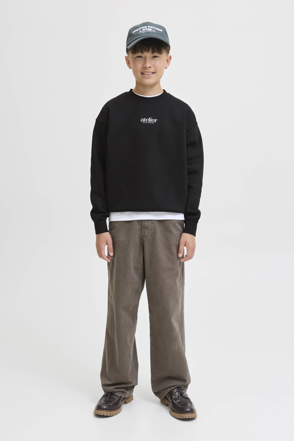 Zwarte jongens JACK & JONES JUNIOR sweater met backprint, lange mouwen en ronde hals