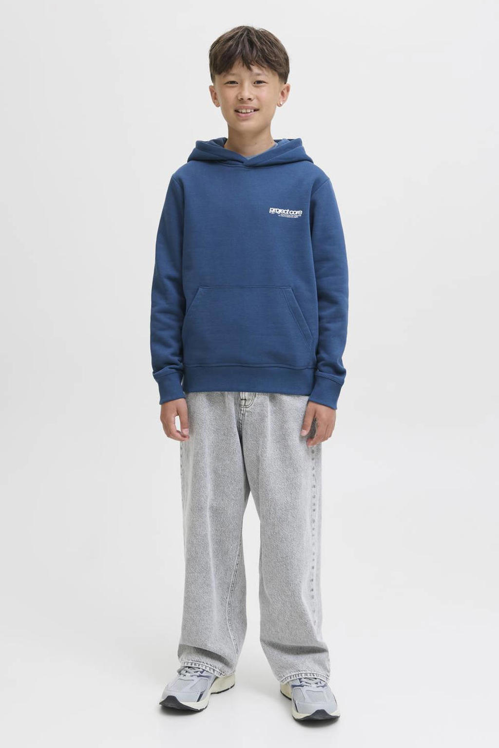 Grey denim jongens JACK & JONES JUNIOR high waist extra baggy jeans van denim met rits- en knoopsluiting en effen