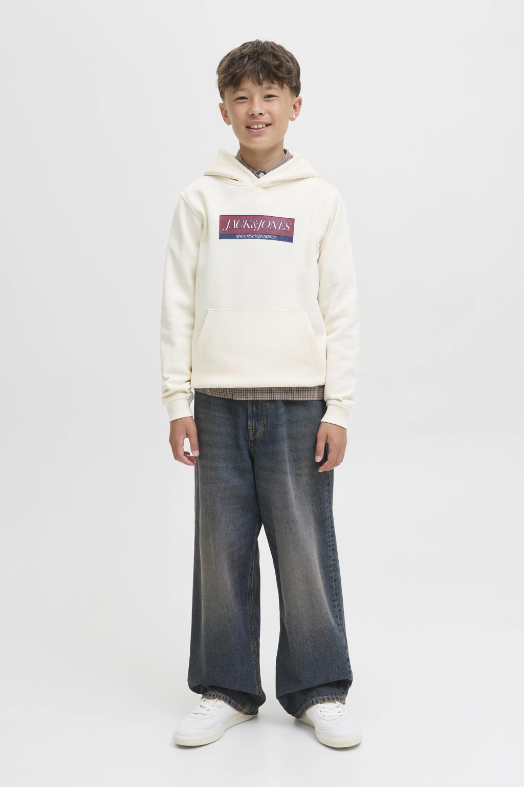 Witte jongens JACK & JONES JUNIOR hoodie van sweat materiaal met logo dessin, lange mouwen en capuchon