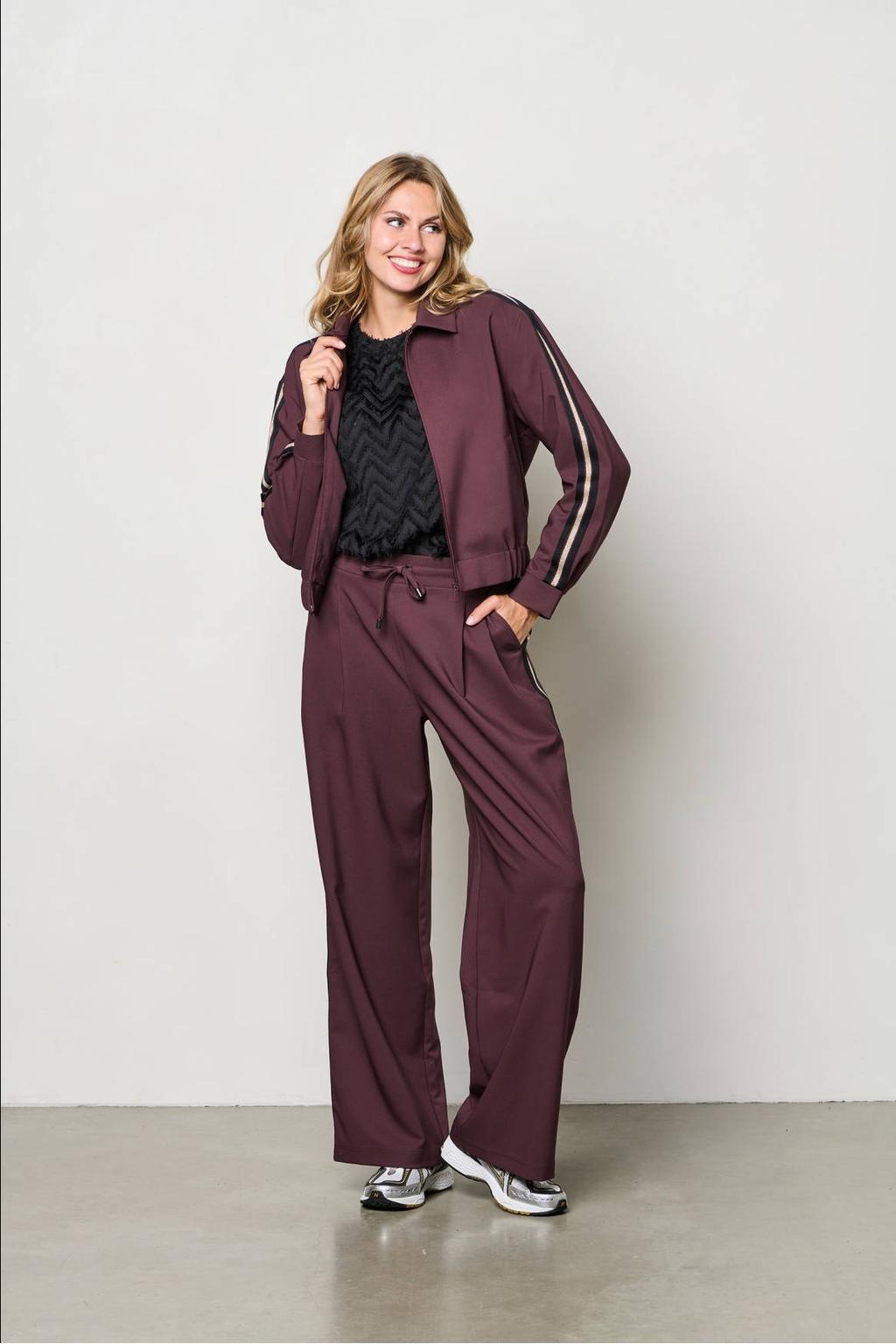 Donkerpaarse dames &Co Woman wide leg high waist casual broek met elastische tailleband met koord en effen