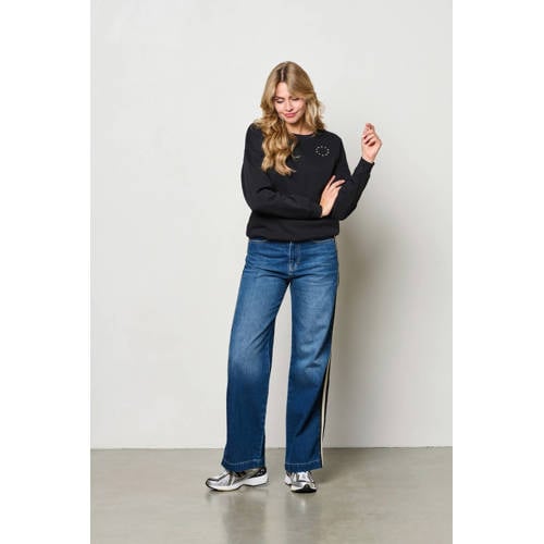 &Co Woman gestreepte wide leg jeans medium blue denim afbeelding