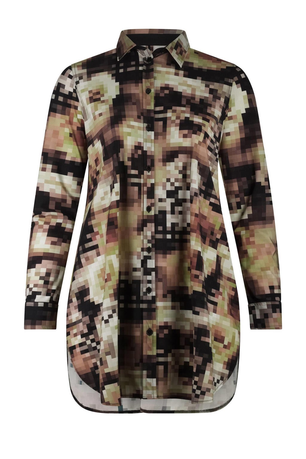 Multikleurige dames Plus Basics blouse van travelstof met lange mouwen, klassieke kraag en knoopsluiting