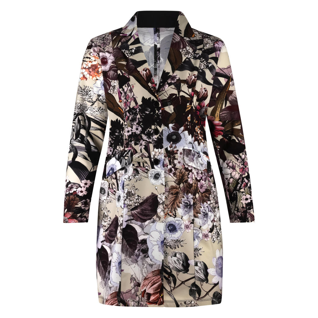 Multikleurige dames Plus Basics travelstof gebloemde regular blazer met lange mouwen, reverskraag en knoopsluiting