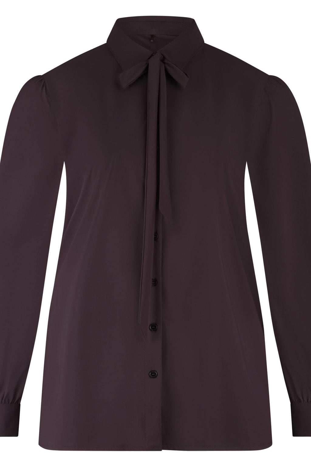 Donkerpaarse dames Plus Basics travelstof blouse met effen, lange mouwen, sjaalkraag, knoopsluiting en strikje
