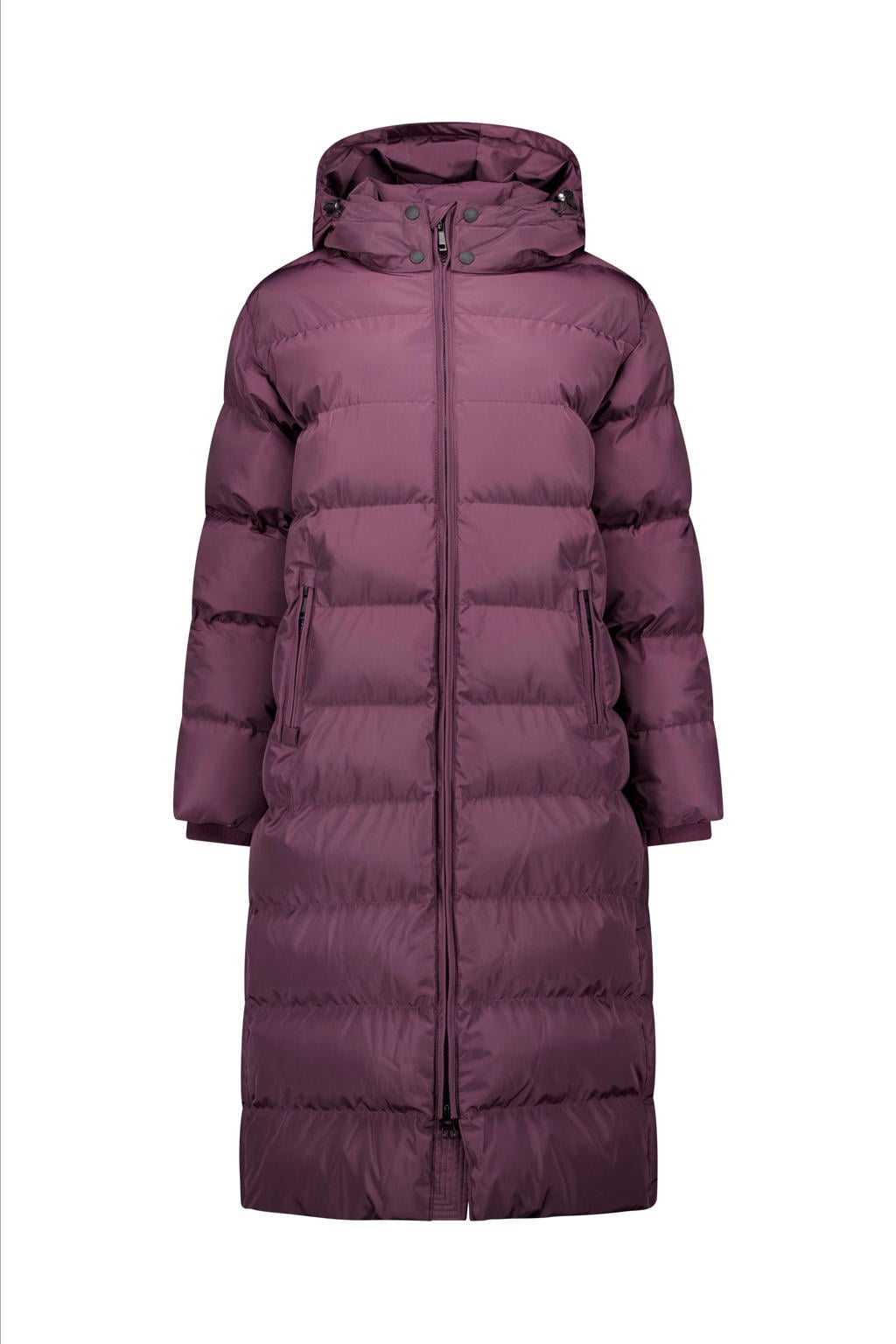Donkerpaarse dames Airforce gewatteerde jas van polyester met effen, lange mouwen, capuchon, ritssluiting en doorgestikte details