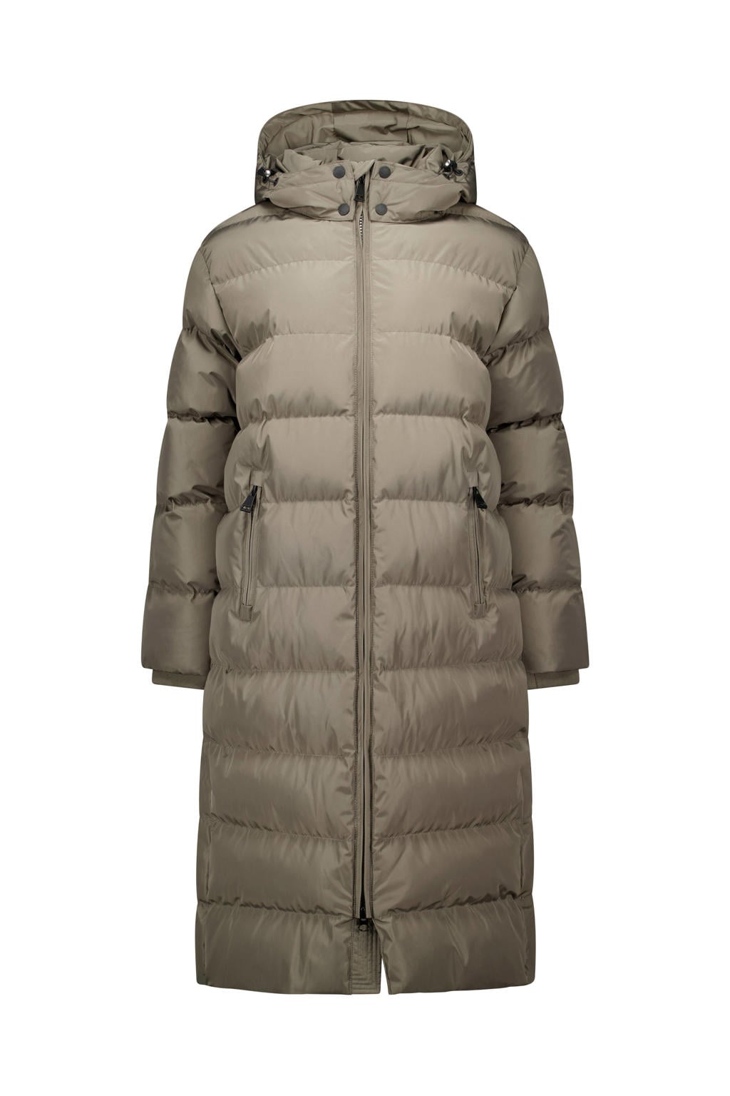 Taupe dames Airforce gewatteerde jas van polyester met effen, lange mouwen, capuchon, ritssluiting en doorgestikte details