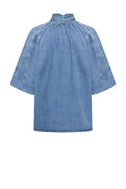 thumbnail: Medium blue denim dames Expresso blouse van denim met effen, korte mouwen, klassieke kraag en knoopsluiting