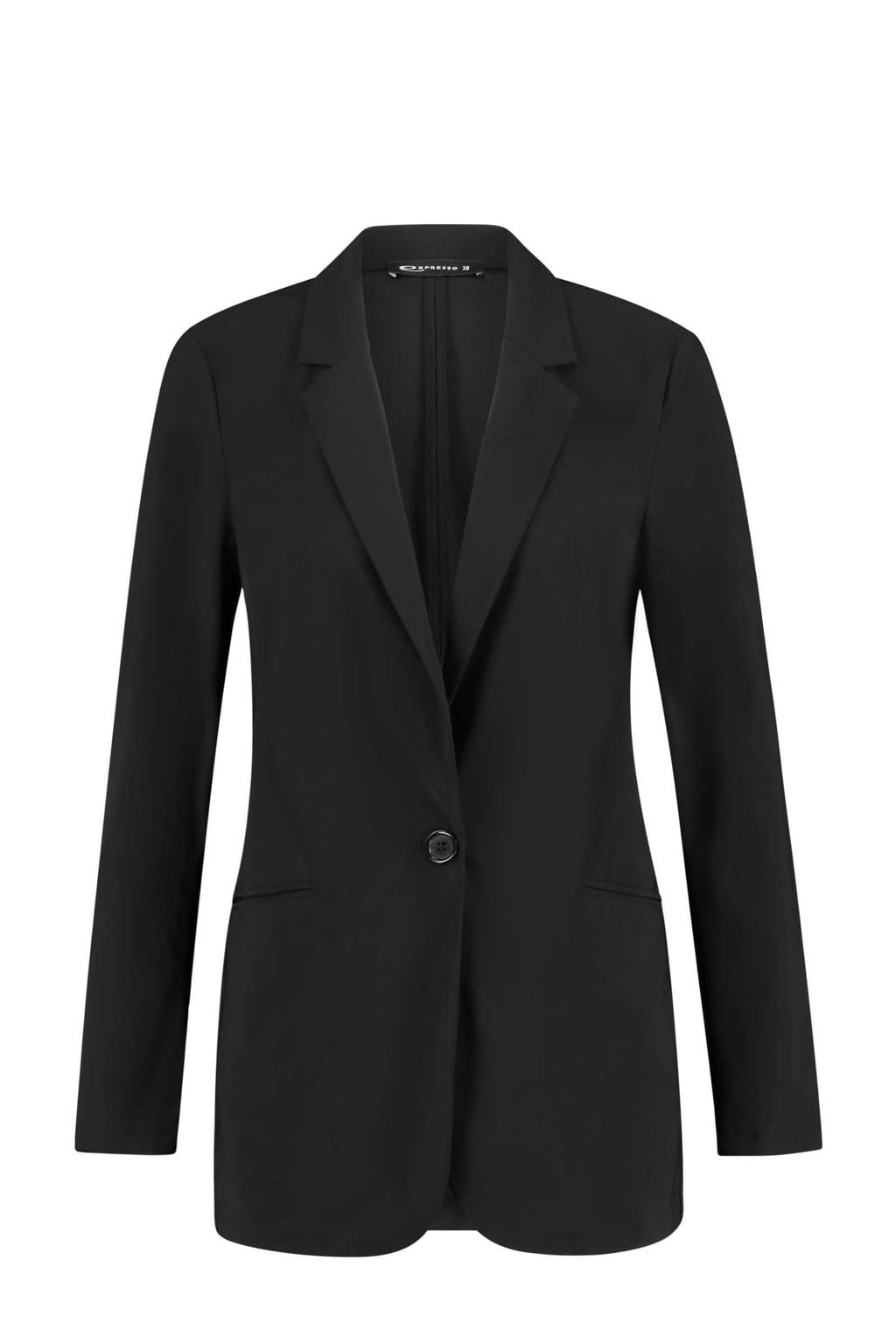 Zwarte dames Expresso travelstof getailleerde blazer gebreid met effen, lange mouwen, reverskraag en knoopsluiting