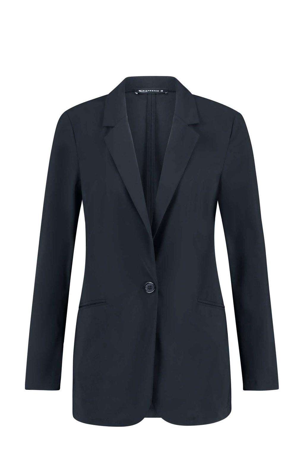 Donkerblauwe dames Expresso travelstof getailleerde blazer gebreid met effen, lange mouwen, reverskraag en knoopsluiting