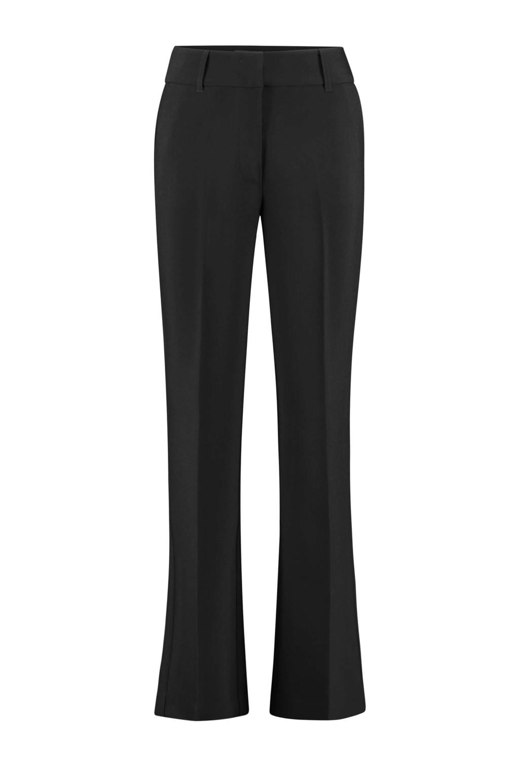 Zwarte dames Expresso wide leg regular waist pantalon gebreid met rits, haak- en knoopsluiting en effen