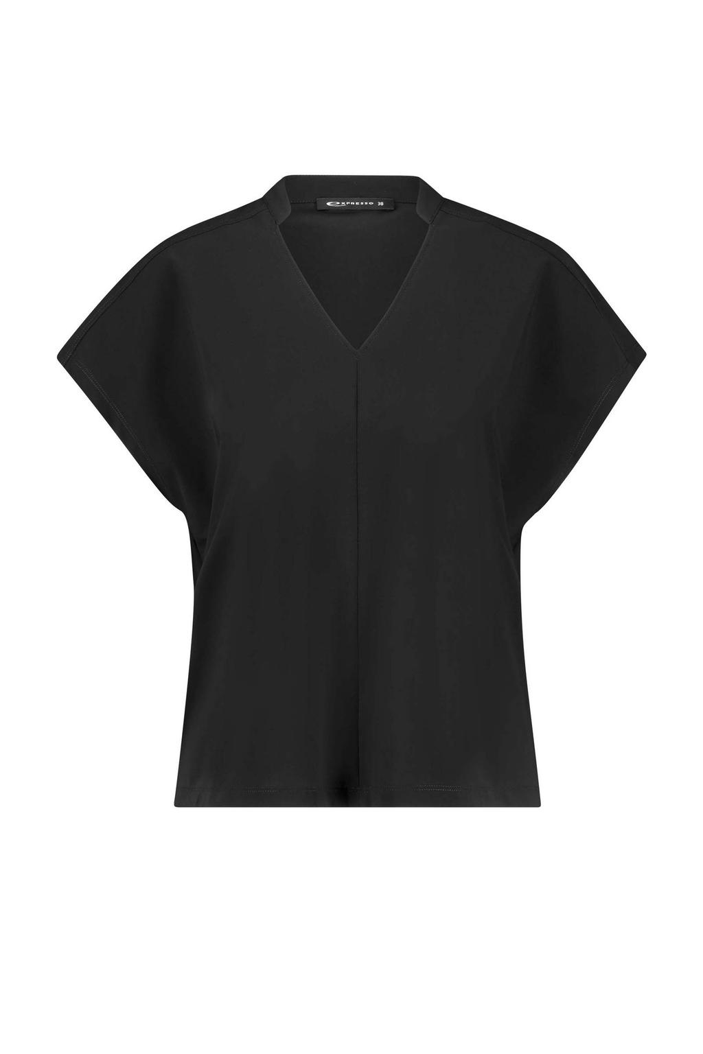 Zwarte dames Expresso travelstof top met effen, korte mouwen, V-hals en gebreide details