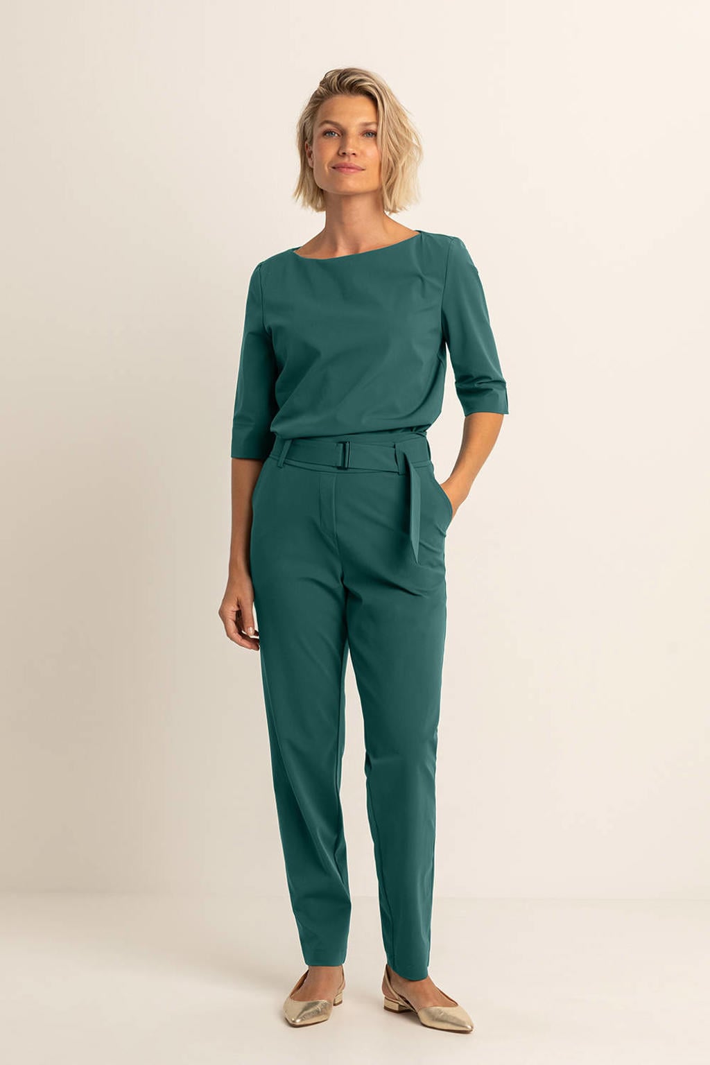 Petrolkleurige dames Expresso travelstof top van polyamide met effen, driekwart mouwen en boothals