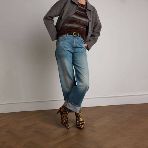 Manfield enkellaarzen met strik en panterprint cognac/zwart