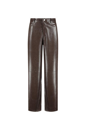 imitatieleren wide leg regular waist coated broek bruin